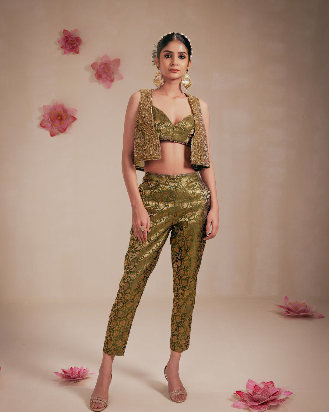 Olive Green Fully Embellished Crop Jacket