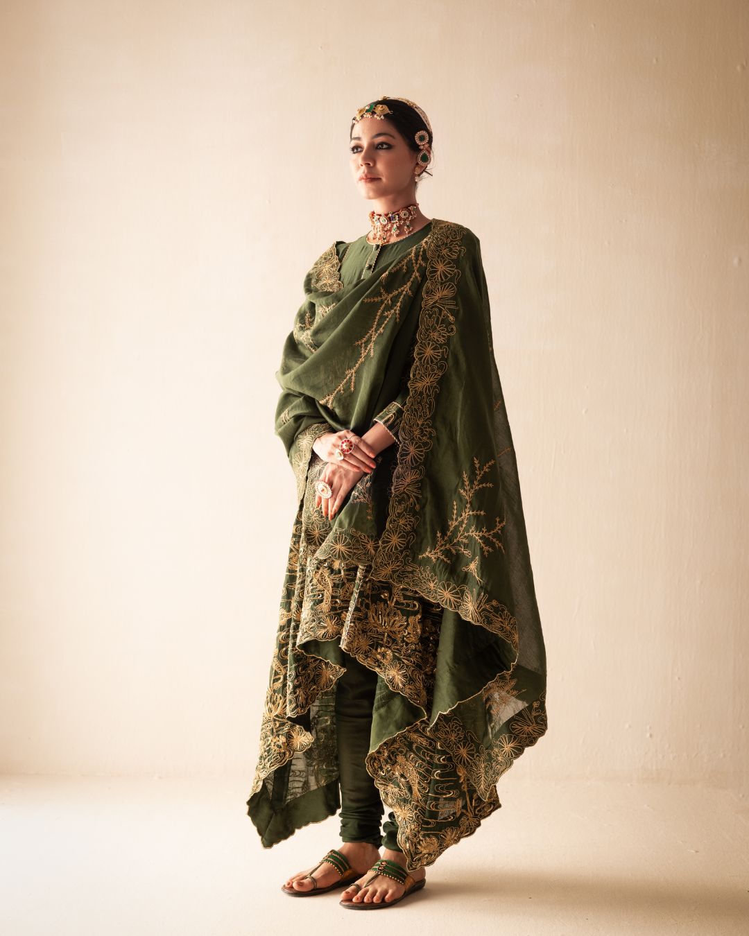 Green Chanderi High Low Anarkali