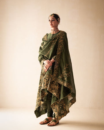 Green Chanderi High Low Anarkali