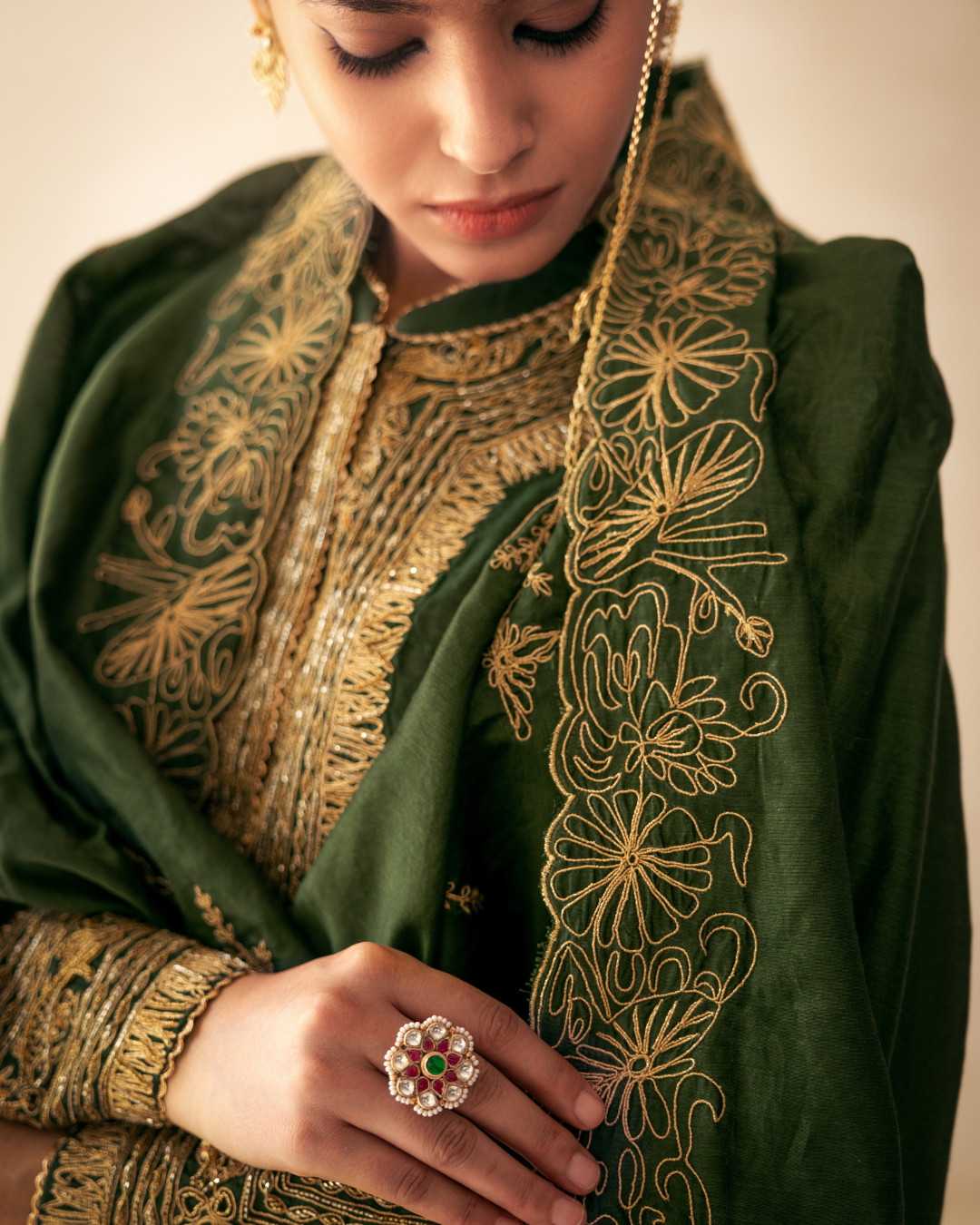 Green High-Low Kurta Set