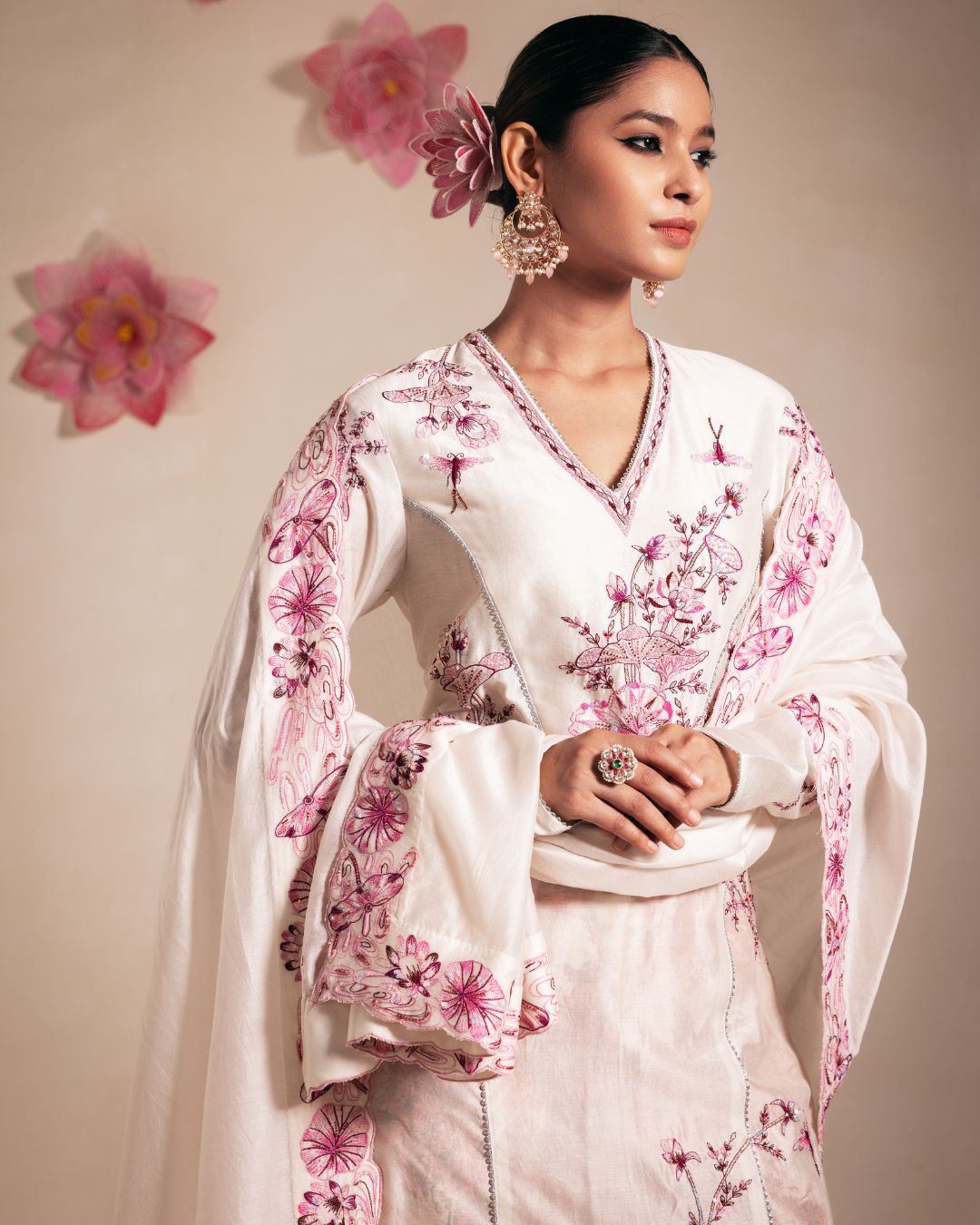 Ivory Chanderi Anarkali with Pink Embroidery