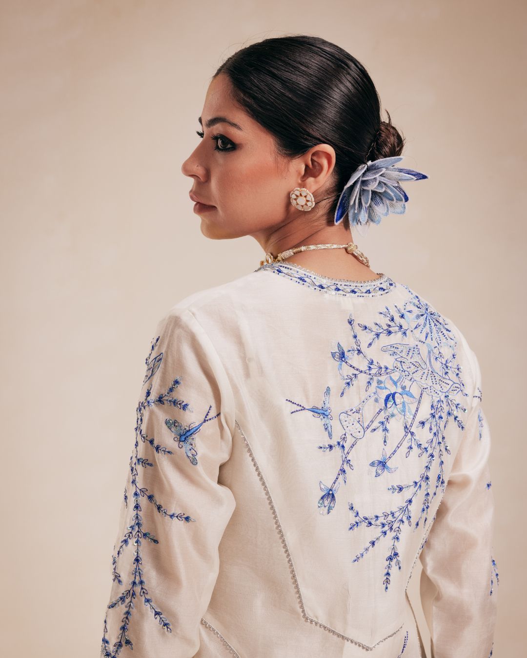 Ivory Chanderi Anarkali with Blue Embroidery