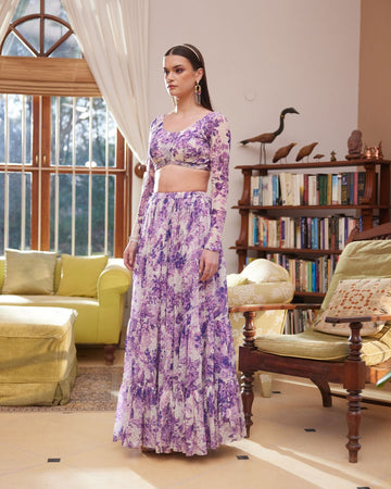 Purple Printed Skirt & Blouse Set