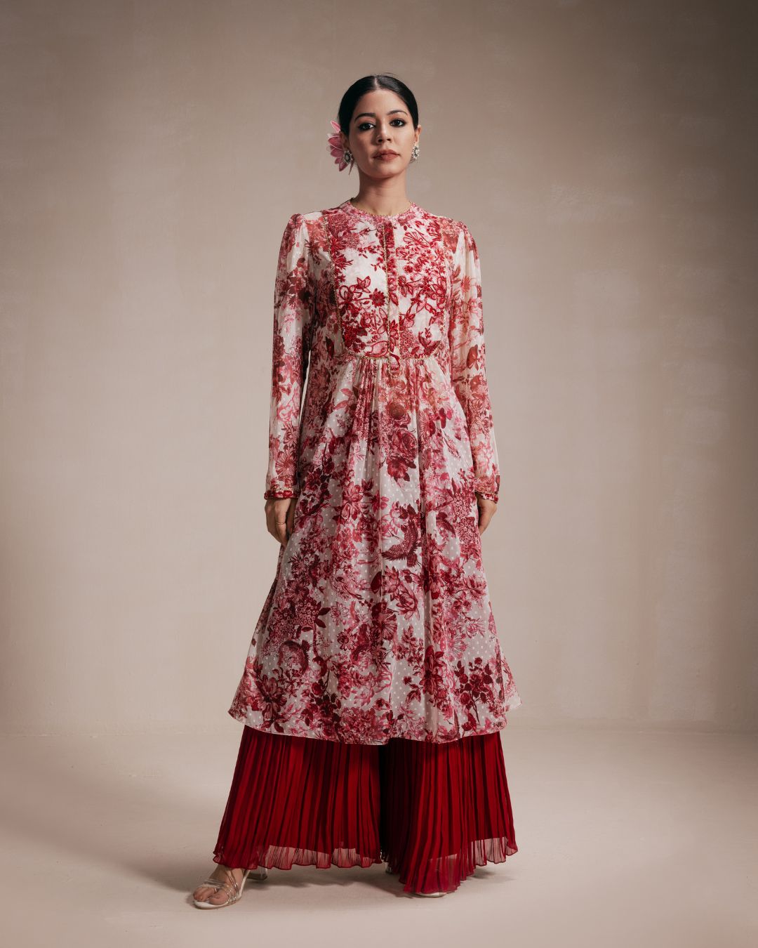 Maroon Embroidered Chiffon Sharara Set