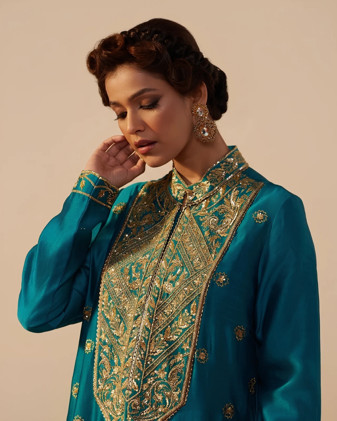 Teal Blue Lucknow Style Long Kurta Set