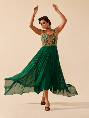Pine Green Georgette Handkerchief Style Anarkali Dress