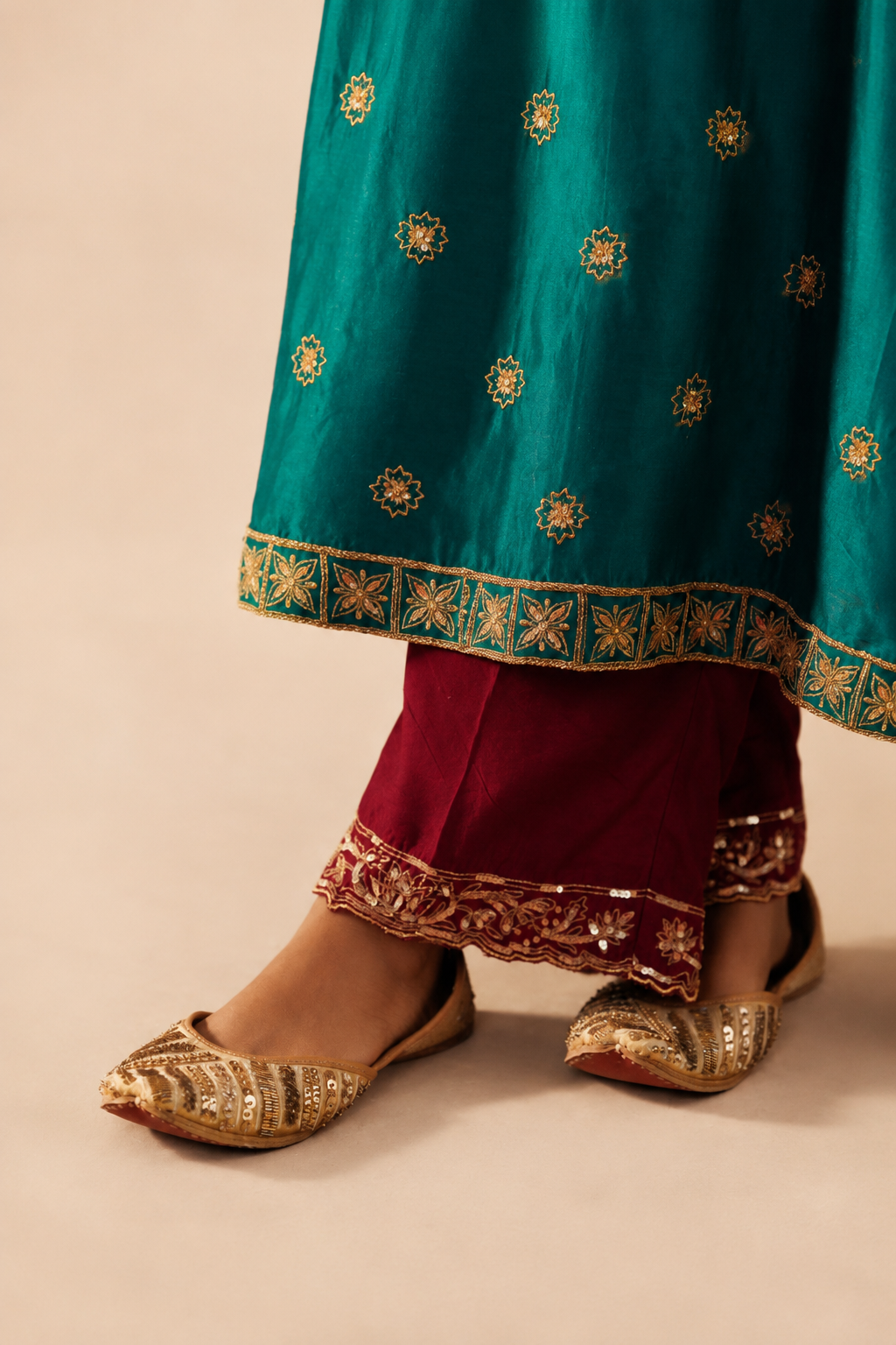 Teal Blue Lucknow Style Long Kurta Set
