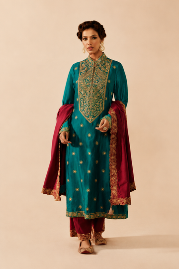 Teal Blue Lucknow Style Long Kurta Set