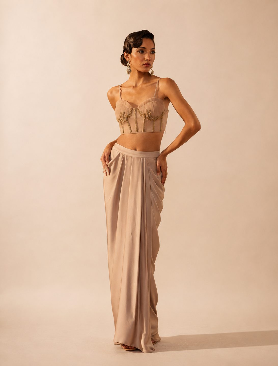 Champagne Heavy Crepe Drape Skirt with Bustier