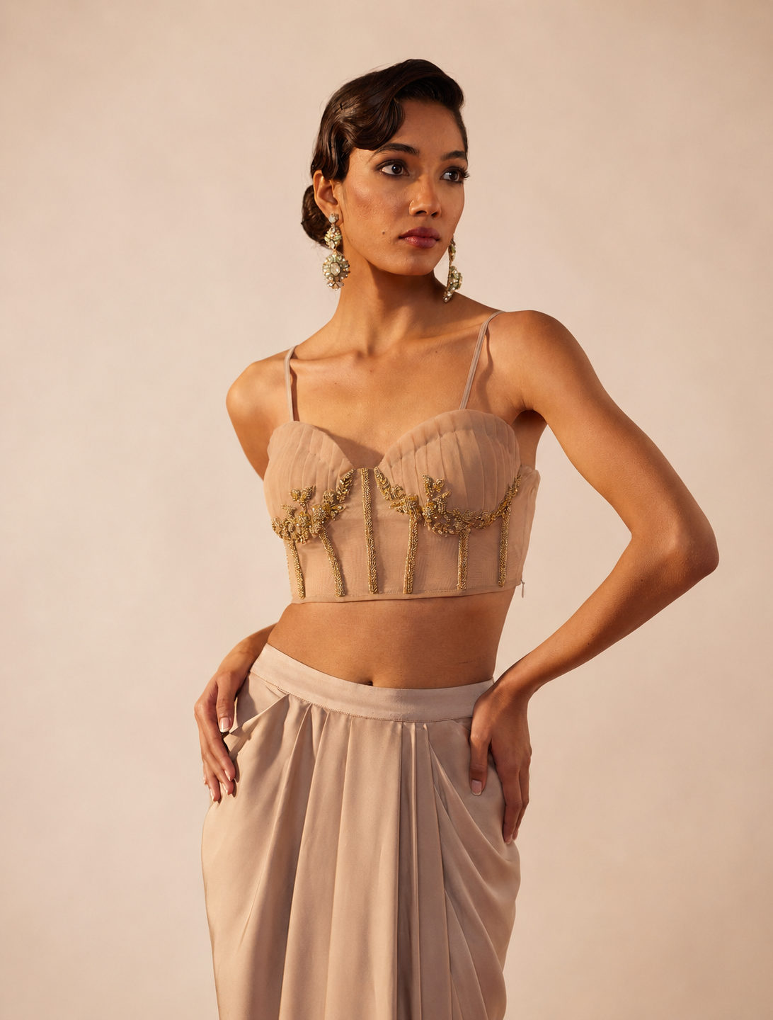Champagne Heavy Crepe Drape Skirt with Bustier