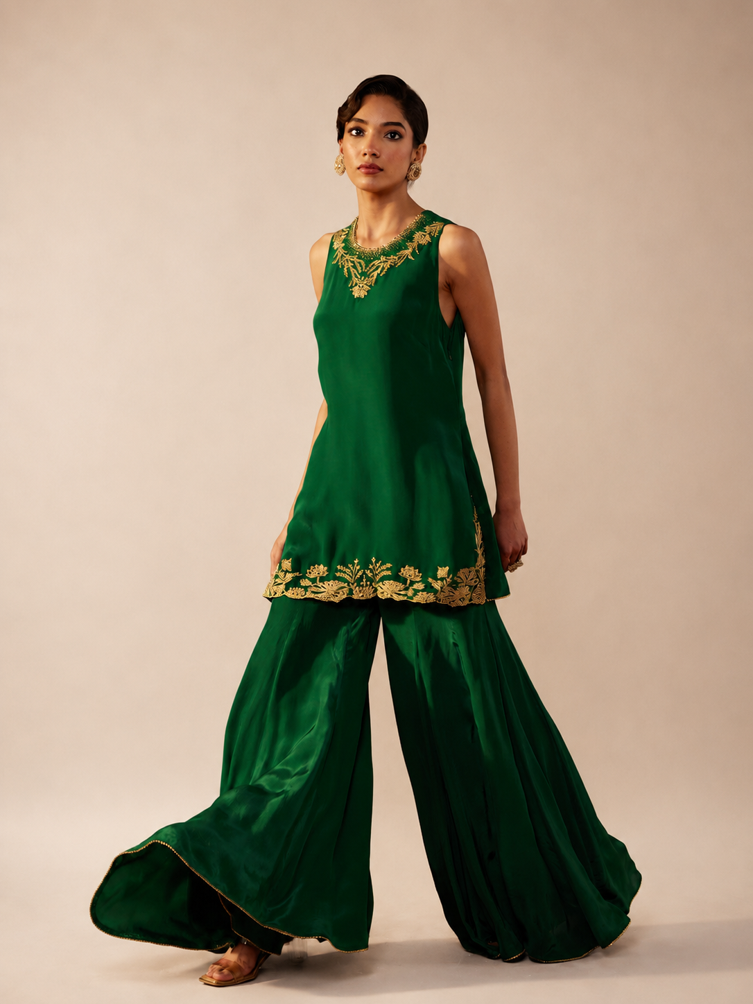 Satin Crepe Green Embroidered Sharara Set