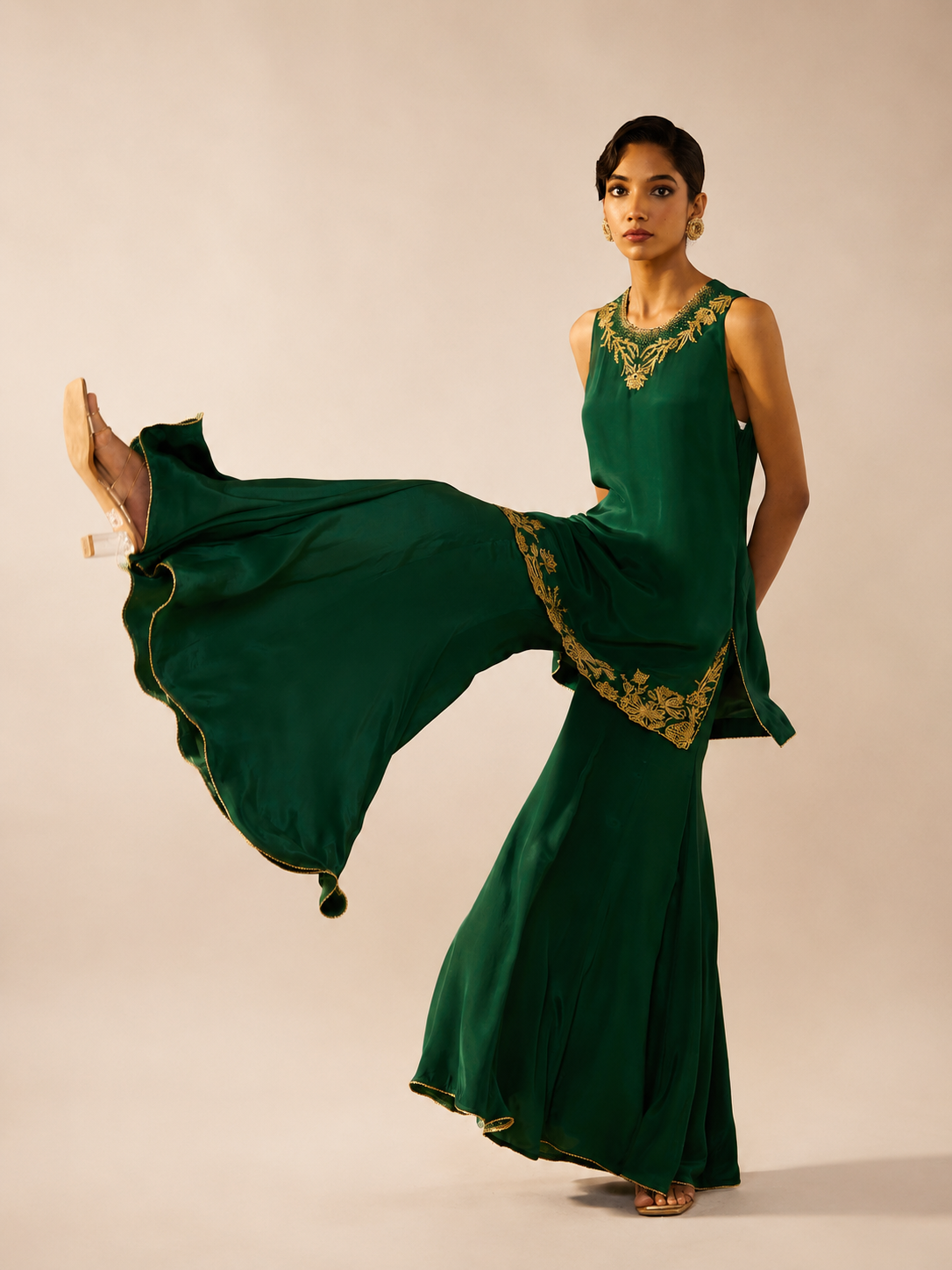 Satin Crepe Green Embroidered Sharara Set