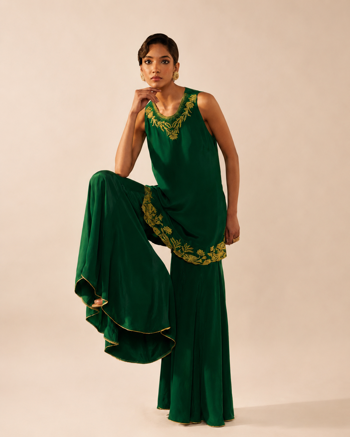 Satin Crepe Green Embroidered Sharara Set