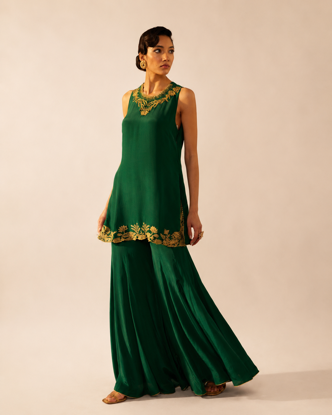Satin Crepe Green Embroidered Sharara Set