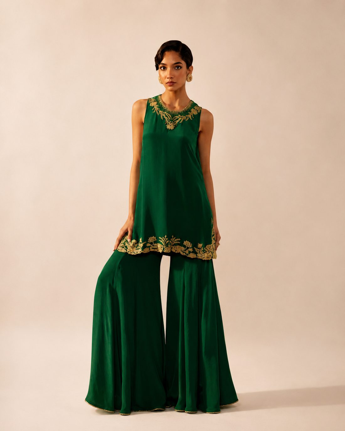 Satin Crepe Green Embroidered Sharara Set