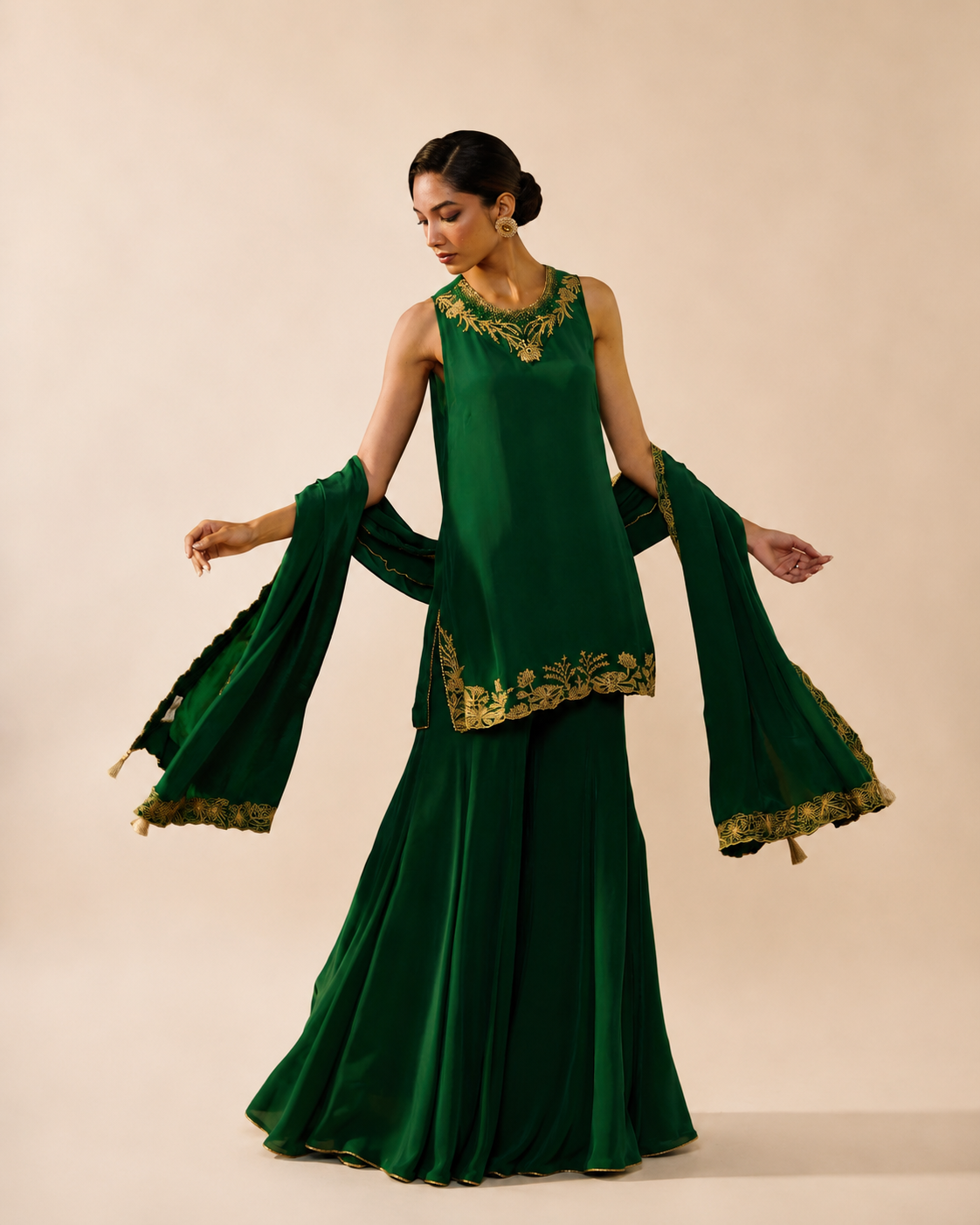Satin Crepe Green Embroidered Sharara Set