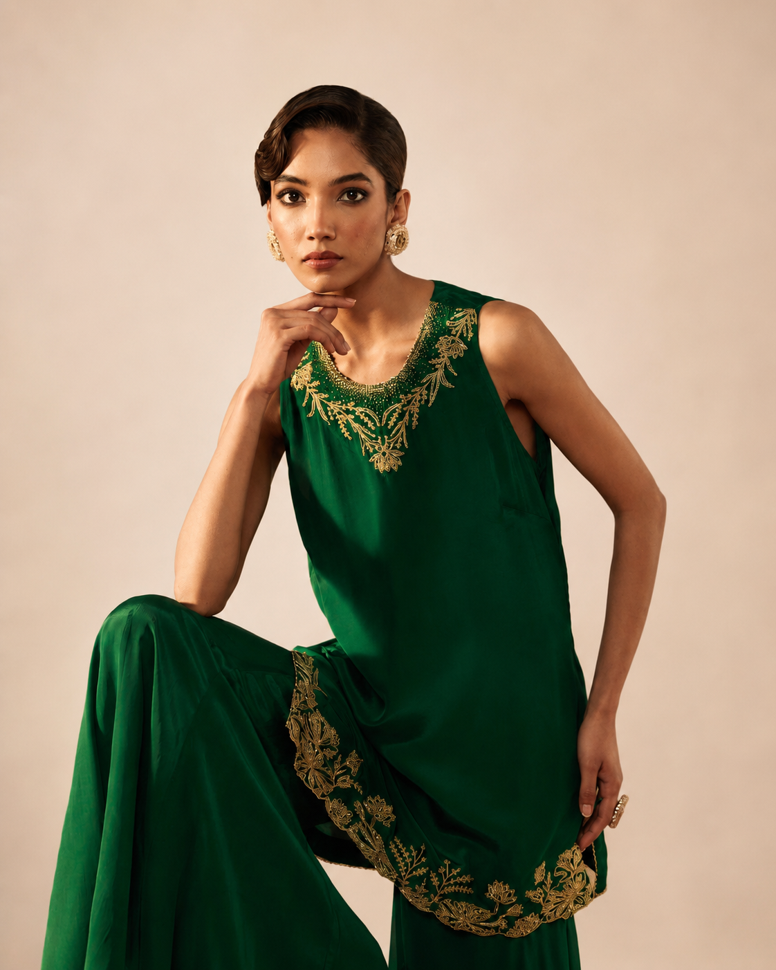 Satin Crepe Green Embroidered Sharara Set