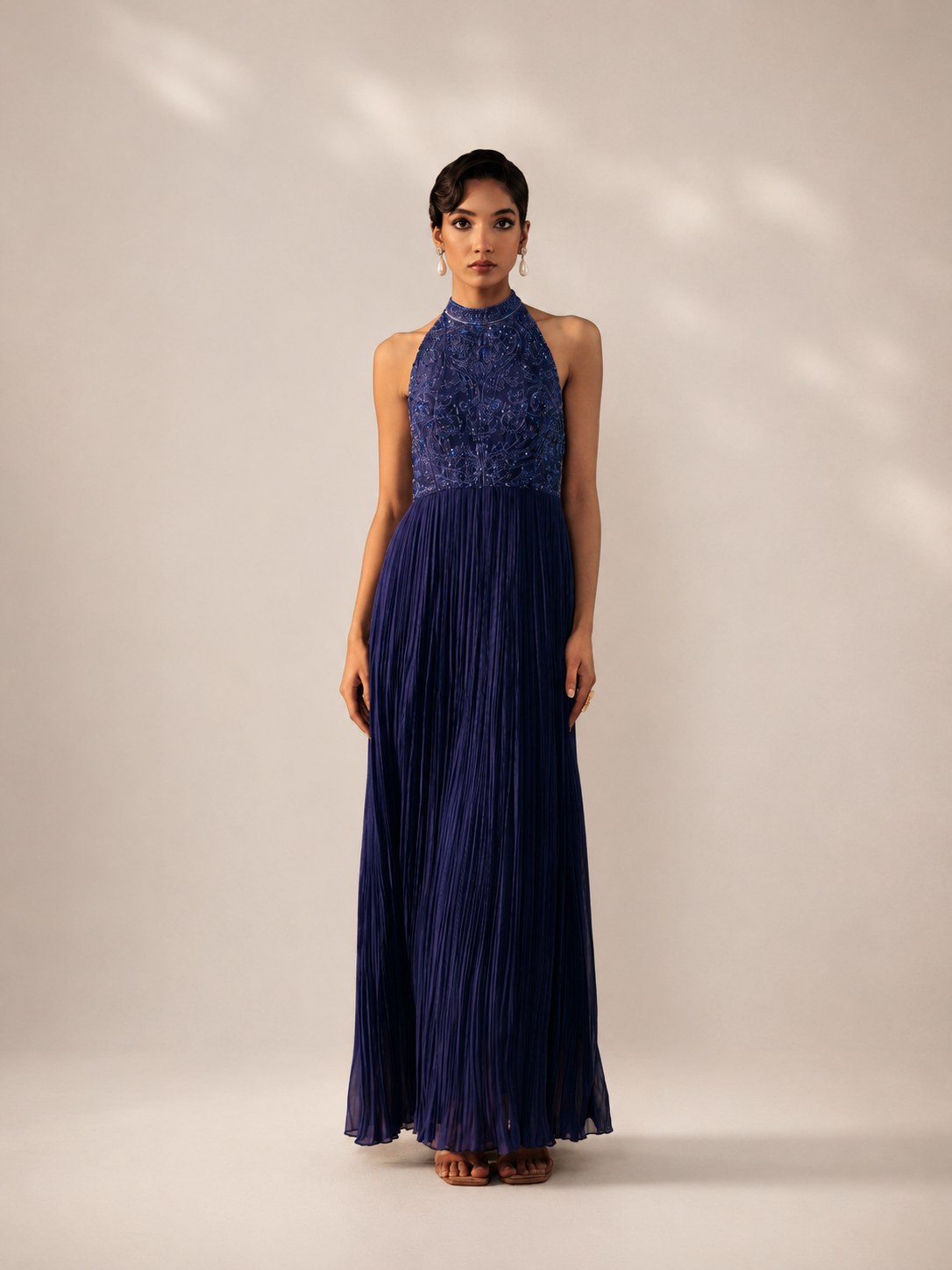 Night Blue Georgette Halter Neck Dolly Dress
