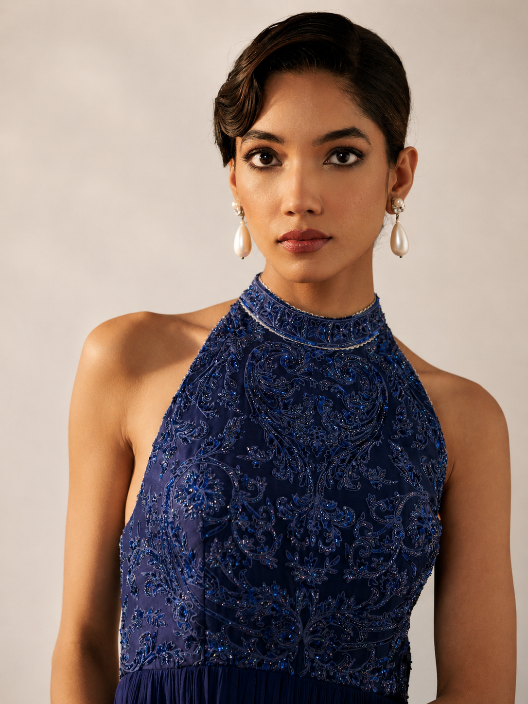 Night Blue Georgette Halter Neck Dolly Dress