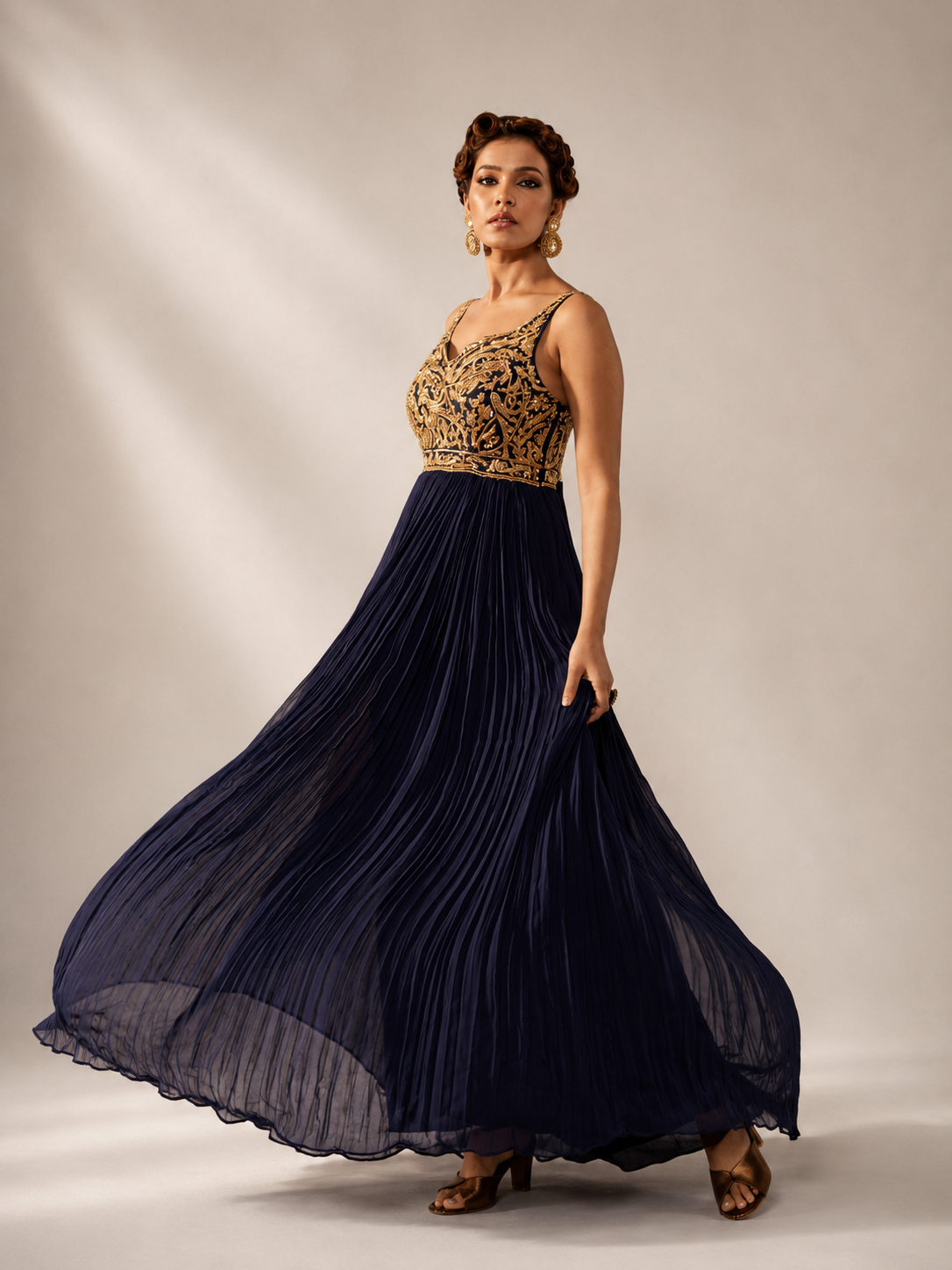 Full Gold Embellished Dark Sapphire Anarkali Dress