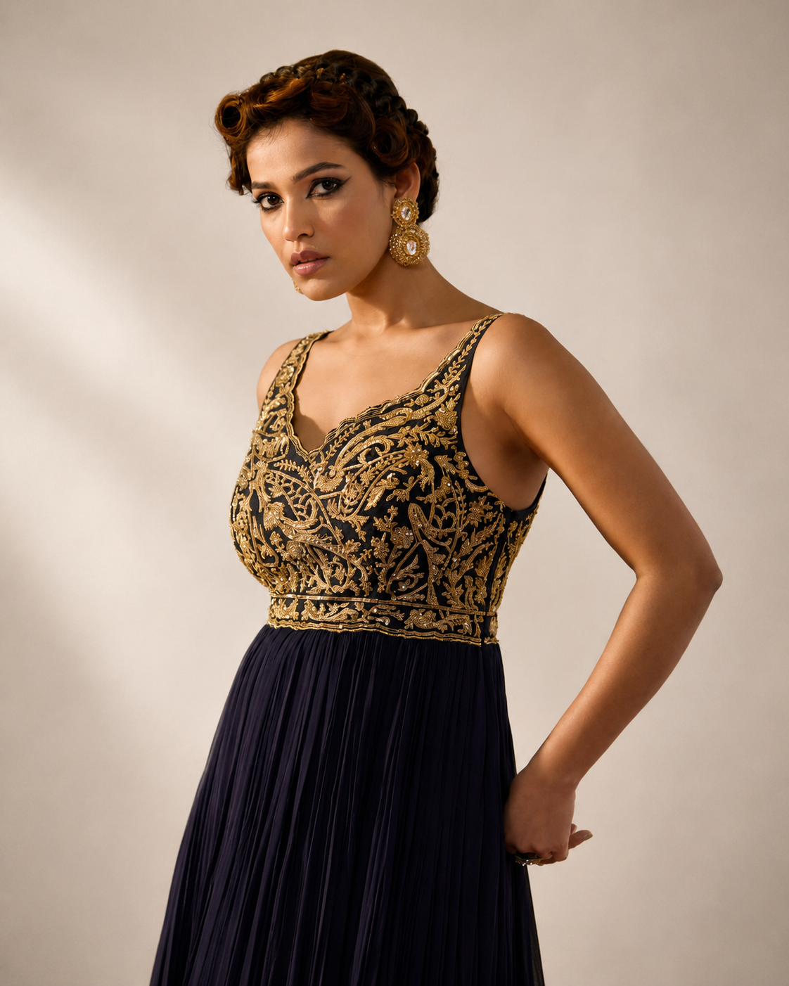 Full Gold Embellished Dark Sapphire Anarkali Dress