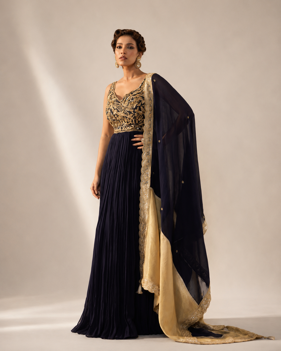 Full Gold Embellished Dark Sapphire Anarkali Dress
