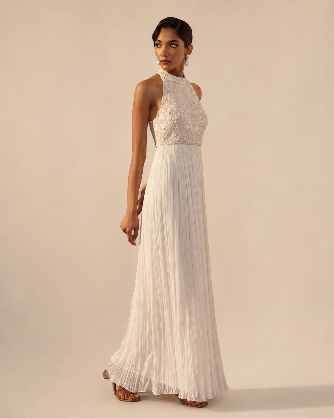 Ivory Georgette Halter Neck Dolly Dress