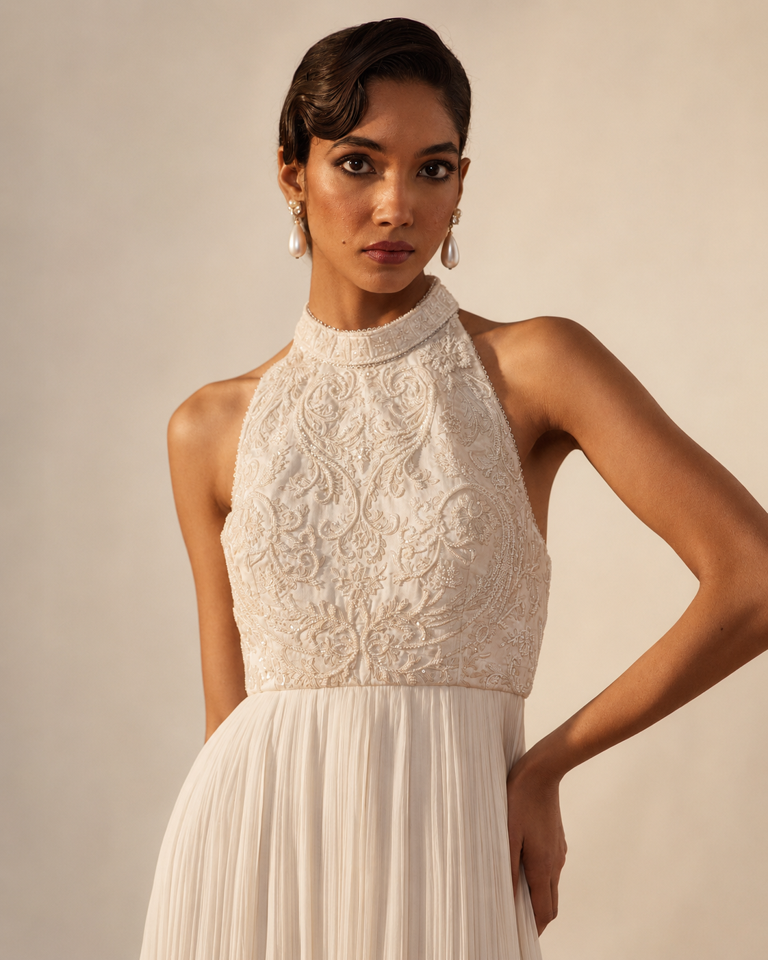Ivory Georgette Halter Neck Dolly Dress