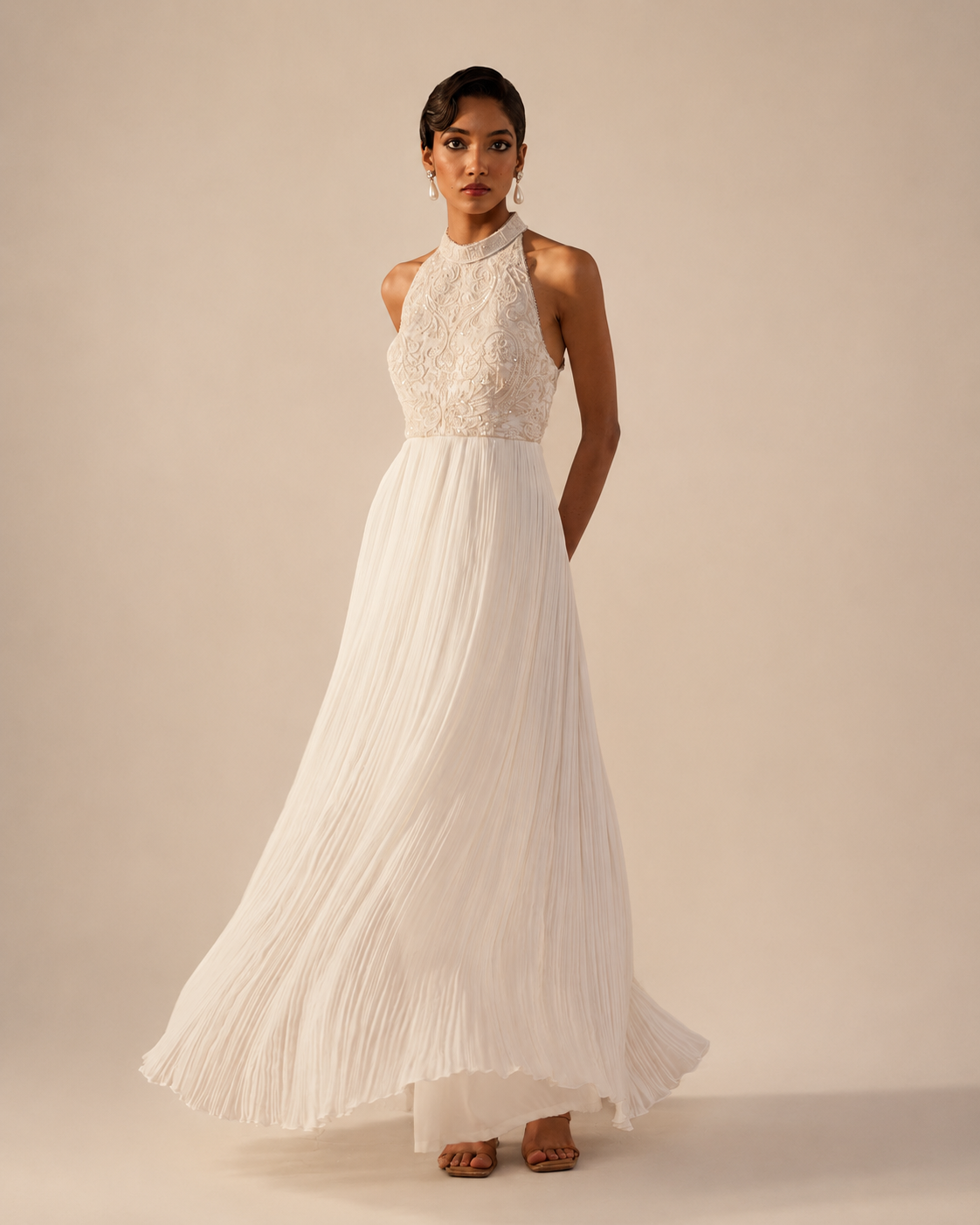 Ivory Georgette Halter Neck Dolly Dress