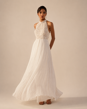 Ivory Georgette Halter Neck Dolly Dress