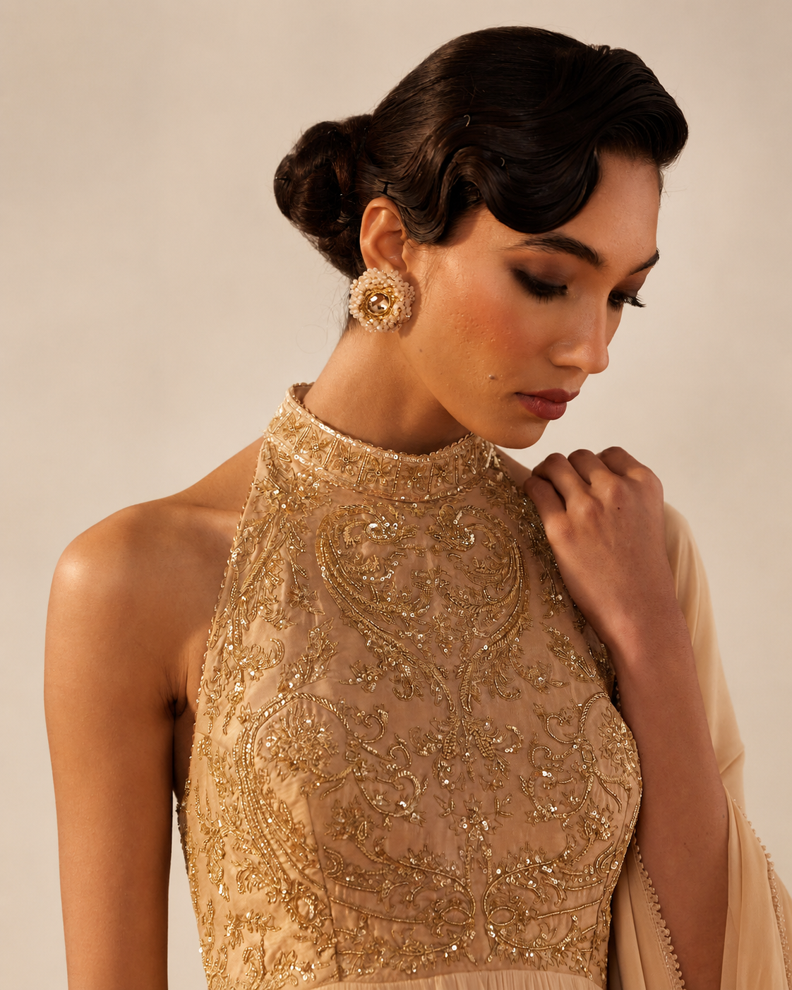 Beige Gold Halter Neck Embellished Dolly Dress