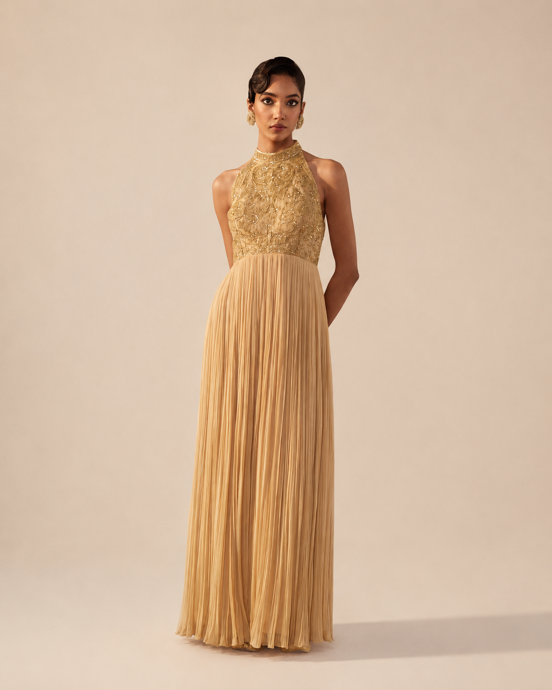 Beige Gold Halter Neck Embellished Dolly Dress