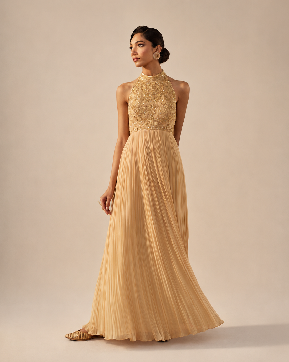 Beige Gold Halter Neck Embellished Dolly Dress