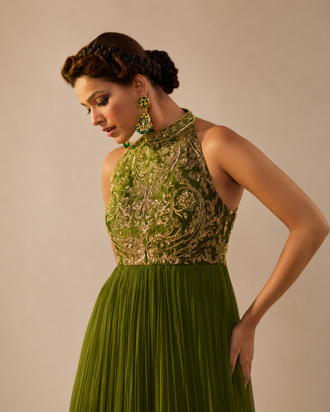 Olive Green Embellished Dolly Dress