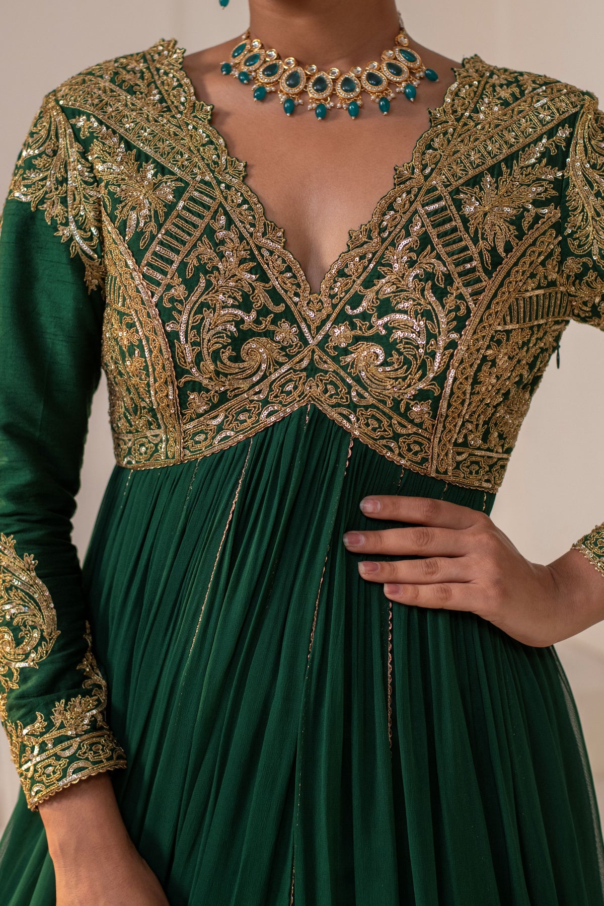 Bottle Green Georgette Dori Hand Embellished Anarkali