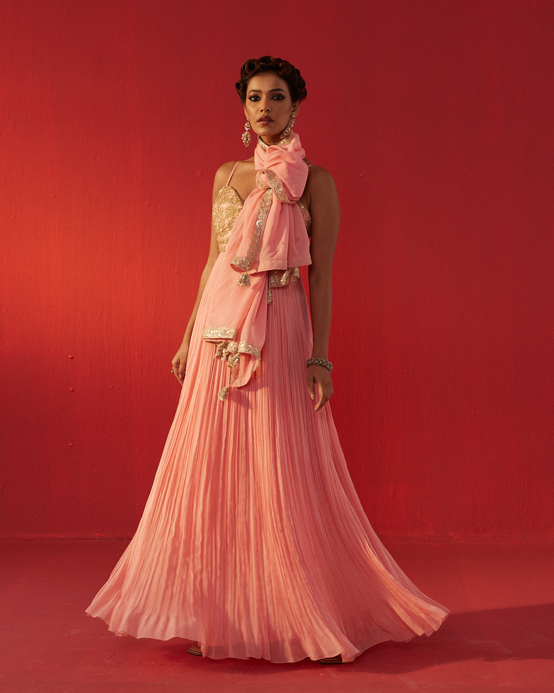 Peach Fully Hand Embroidered Yoke Dolly Dress