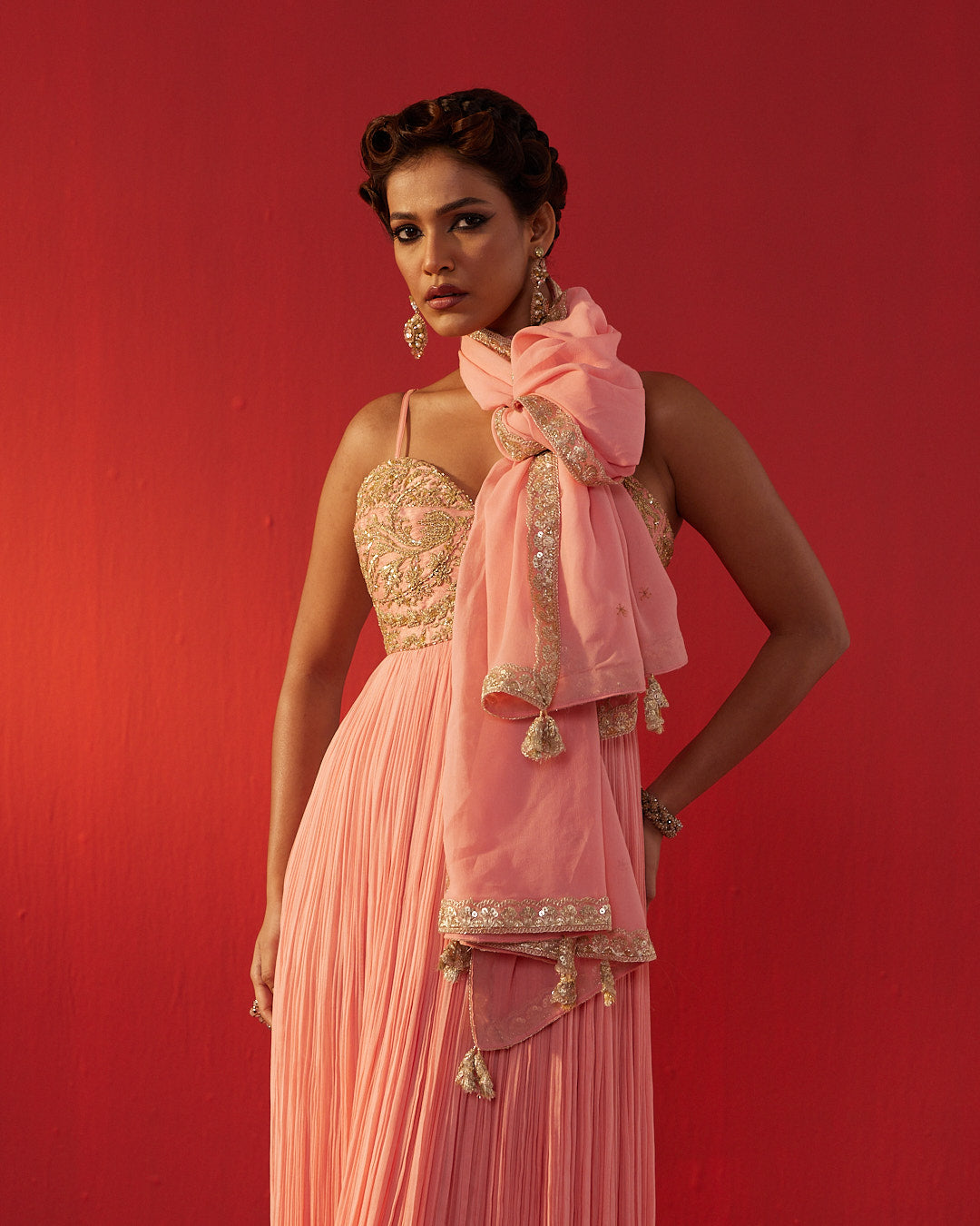 Peach Fully Hand Embroidered Yoke Dolly Dress