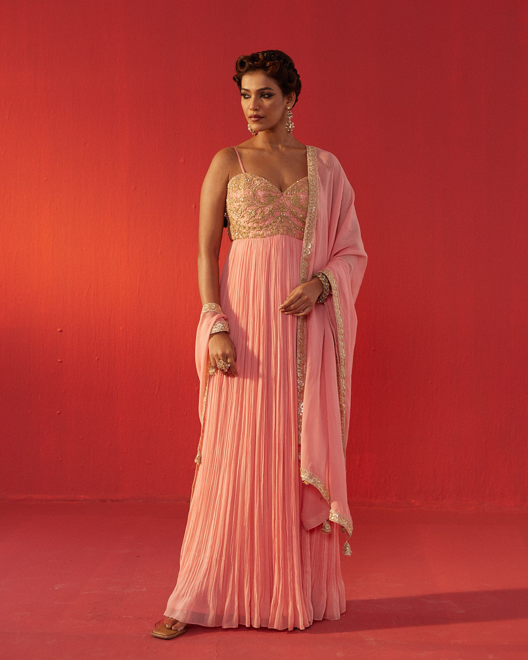 Peach Fully Hand Embroidered Yoke Dolly Dress