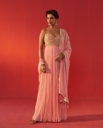 Peach Fully Hand Embroidered Yoke Dolly Dress