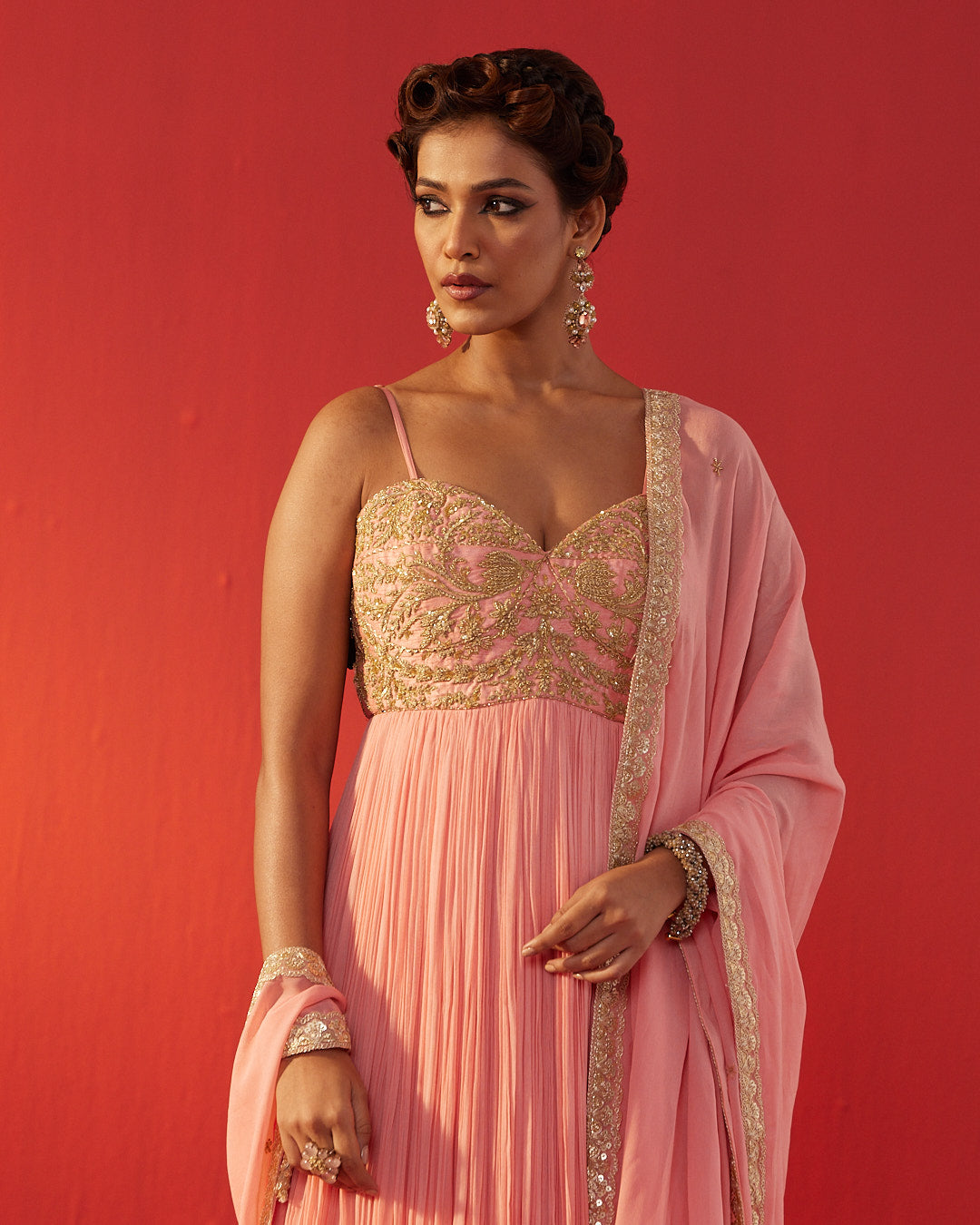 Peach Fully Hand Embroidered Yoke Dolly Dress