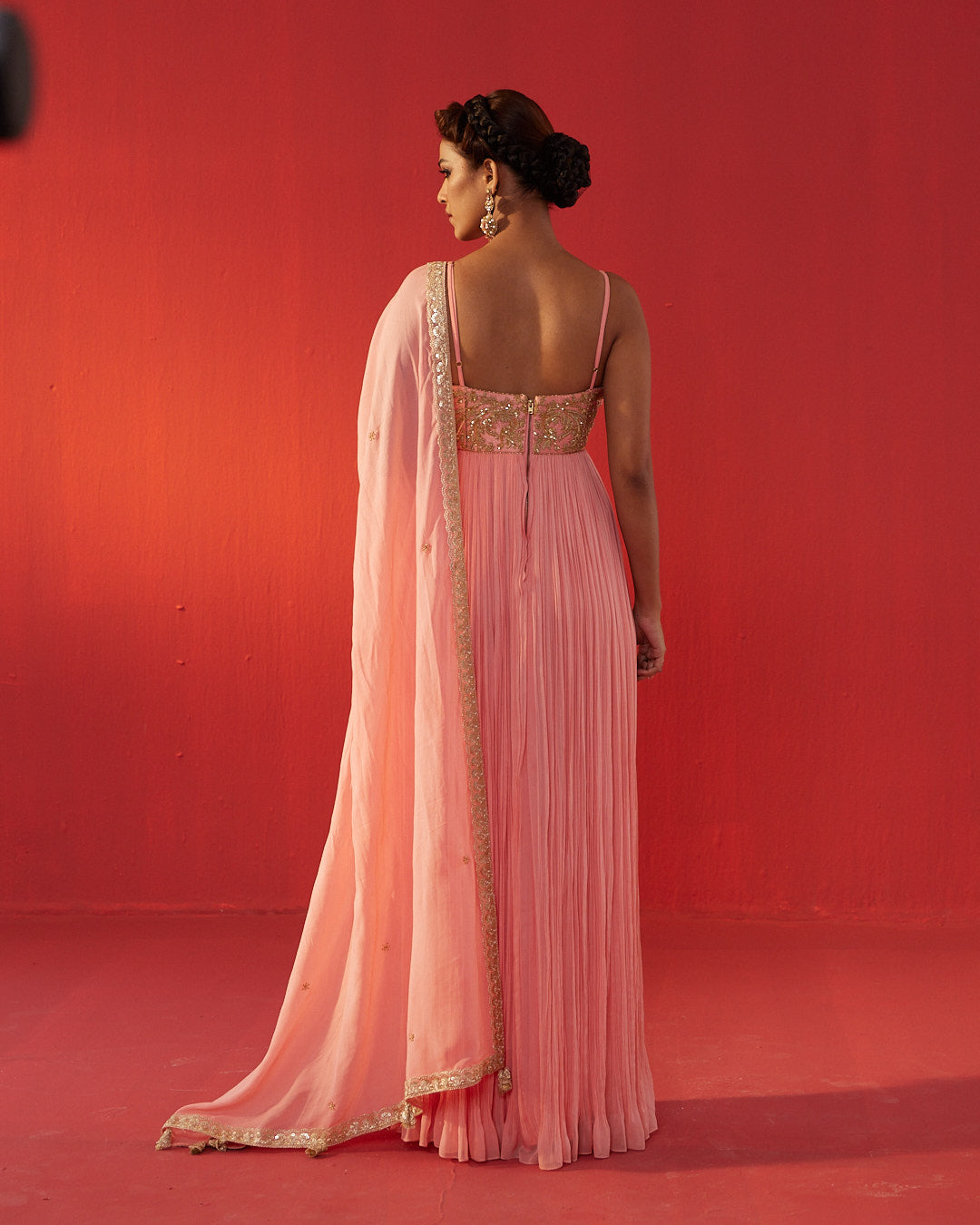 Peach Fully Hand Embroidered Yoke Dolly Dress