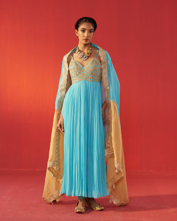Turquoise Fully Hand Embroidered Yoke Dolly Dress