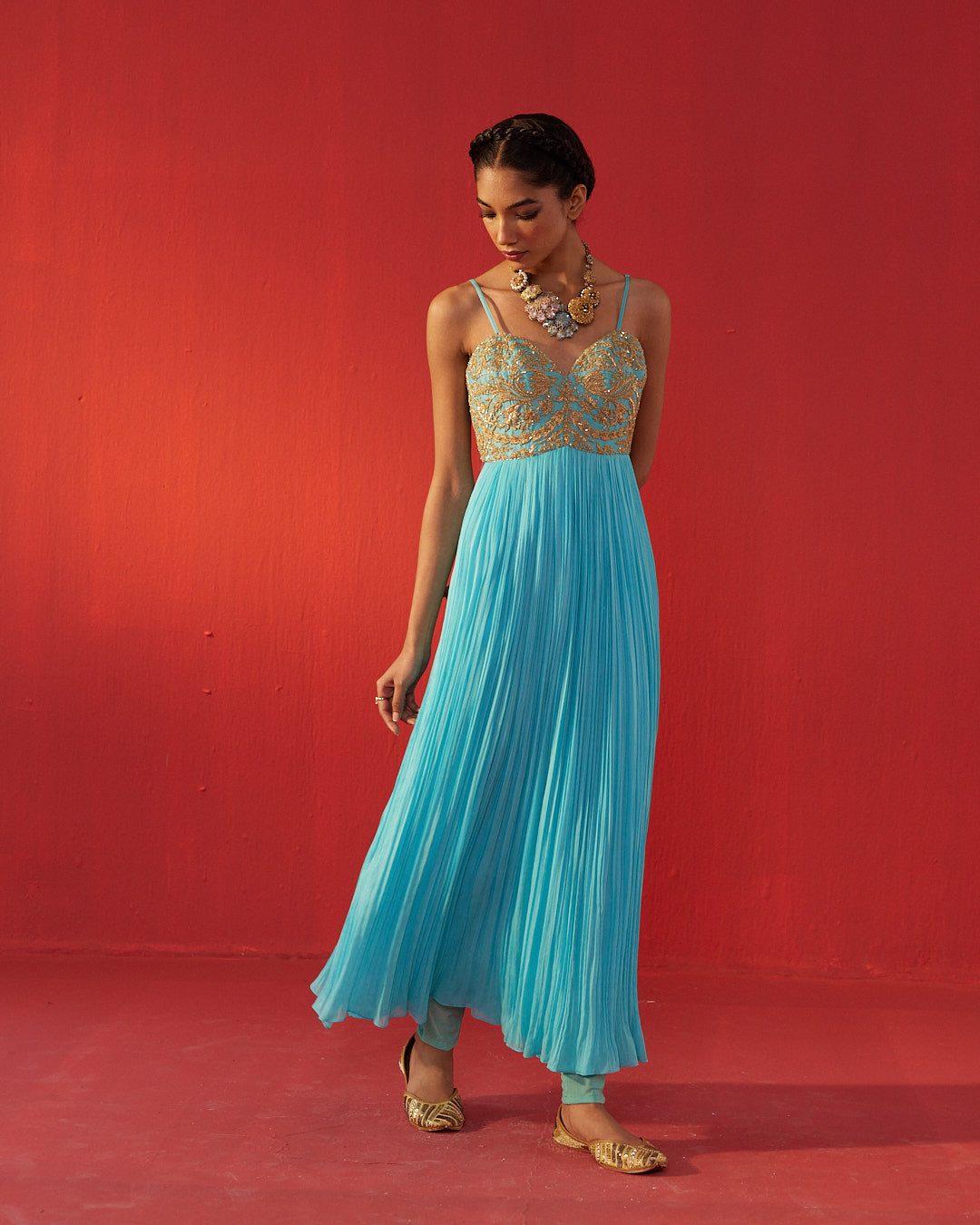 Turquoise Fully Hand Embroidered Yoke Dolly Dress