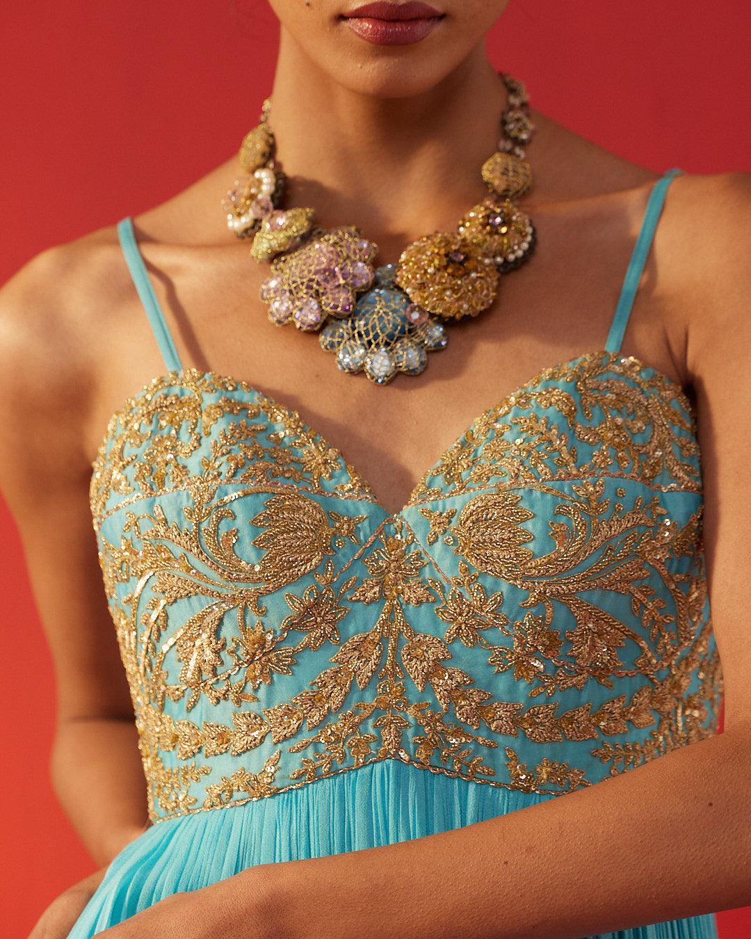 Turquoise Fully Hand Embroidered Yoke Dolly Dress