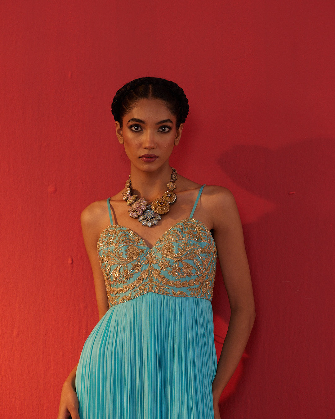 Turquoise Fully Hand Embroidered Yoke Dolly Dress