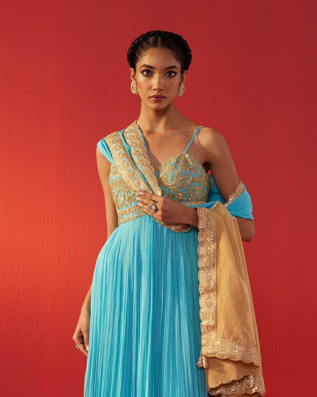 Turquoise Fully Hand Embroidered Yoke Dolly Dress