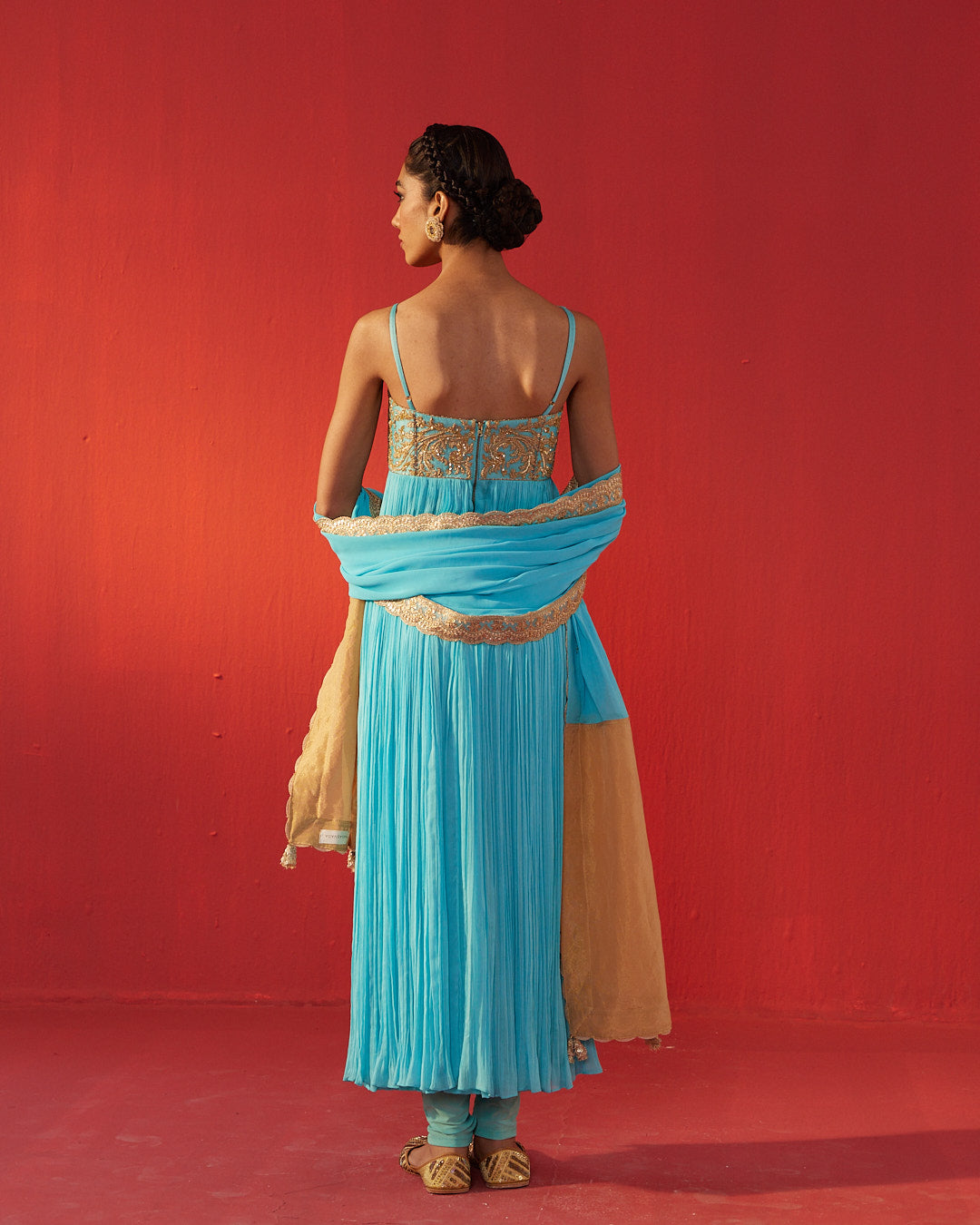 Turquoise Fully Hand Embroidered Yoke Dolly Dress