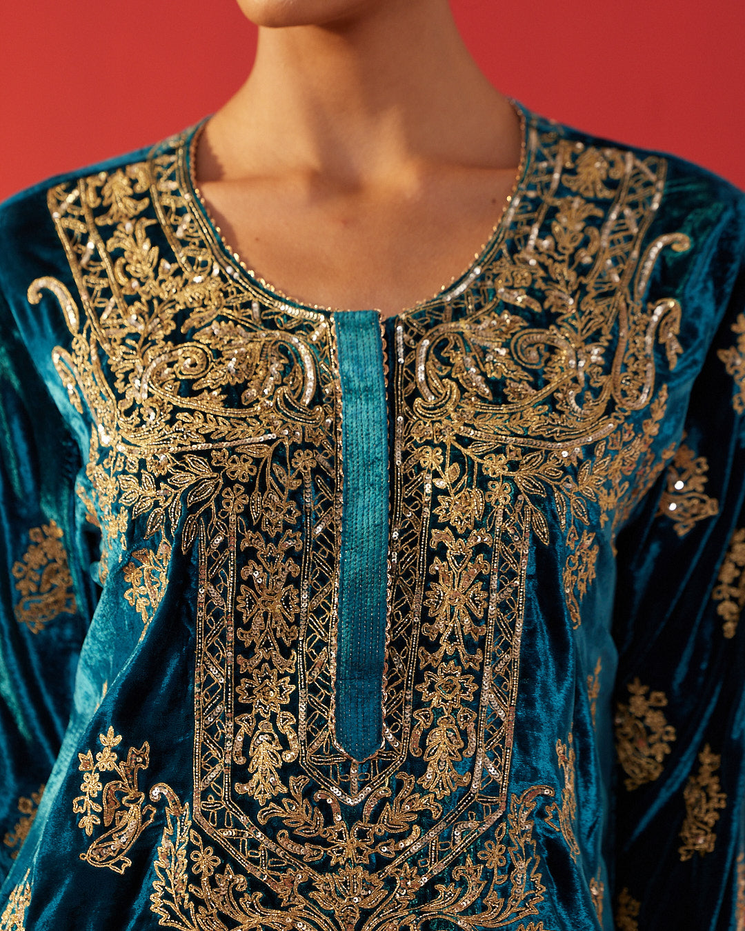 Full Embellished Blue Velvet Kurta Set