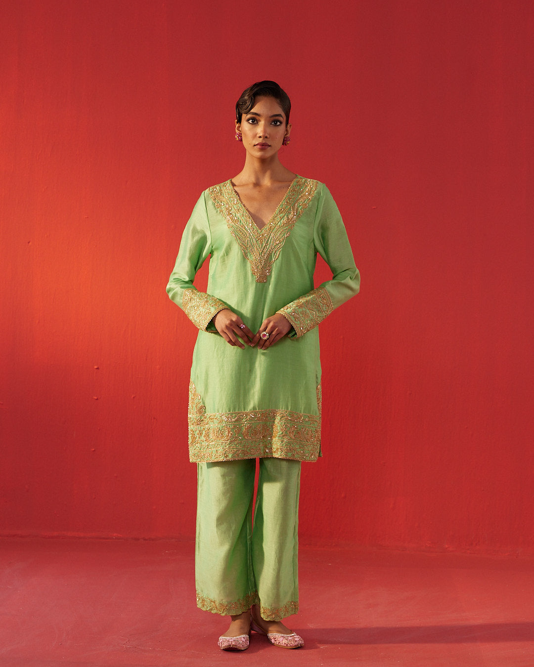 Gold Yoke Embellished Pastel Green Kurta Set