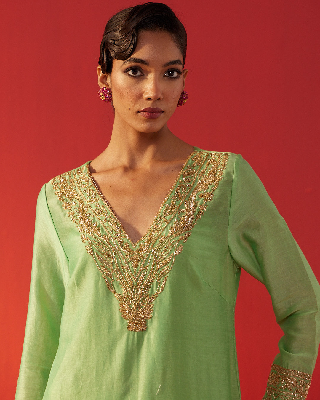 Gold Yoke Embellished Pastel Green Kurta Set